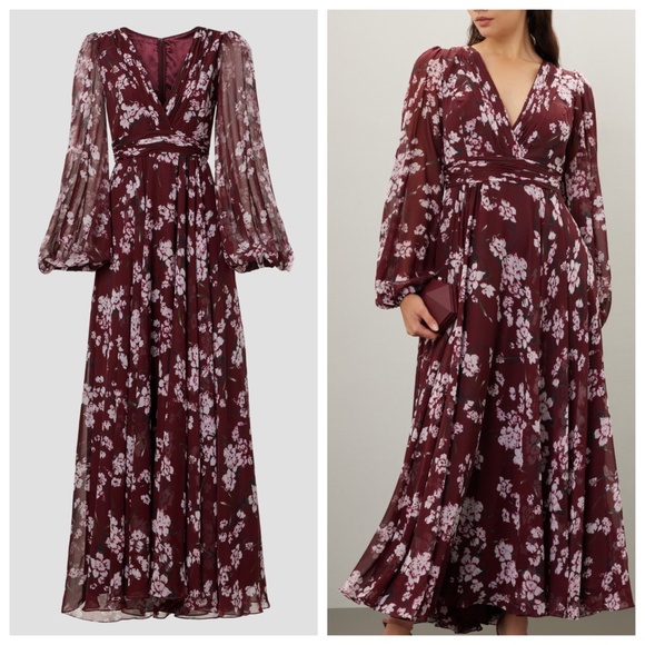 Ieena for Mac Duggal Floral Chiffon Burgundy Red Long Sleeve Maxi Dress V-Neck 0 - Picture 1 of 11